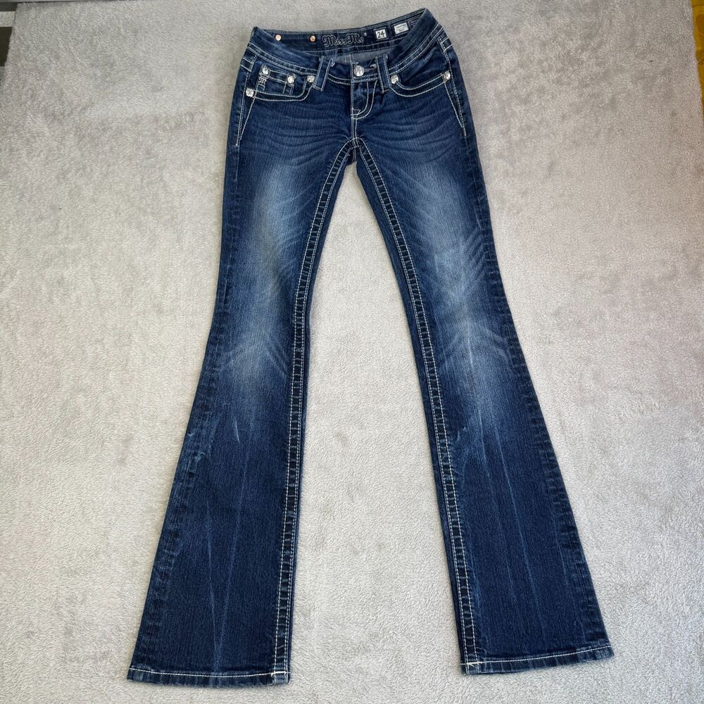 Miss Me Signature Boot Jeans Womens 24 Blue Denim Y2K Stretch Rhinestone Pockets